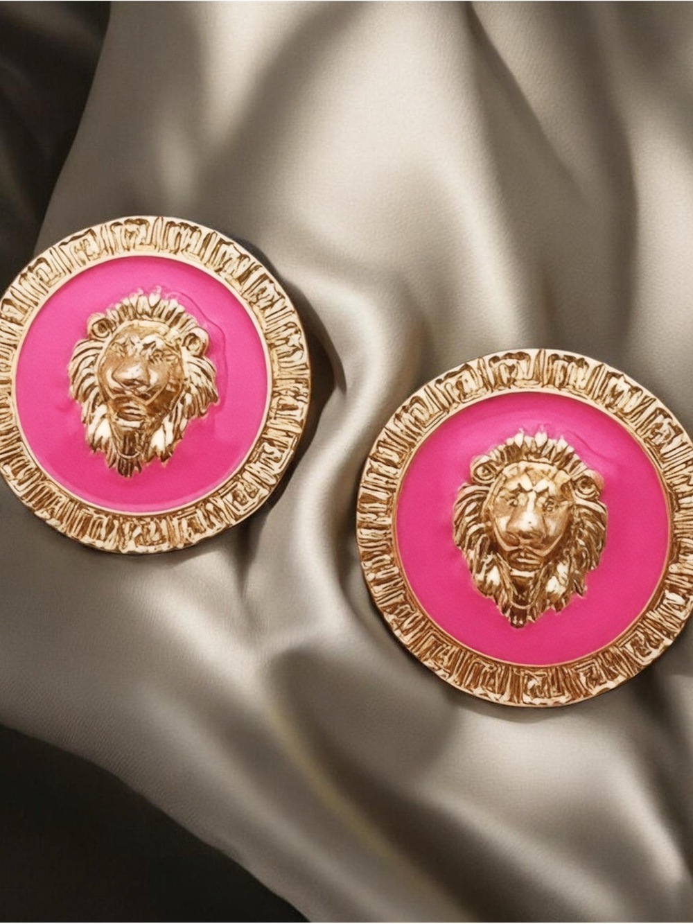 Gold Lion Head Medallion Earrings with Hot Pink Center